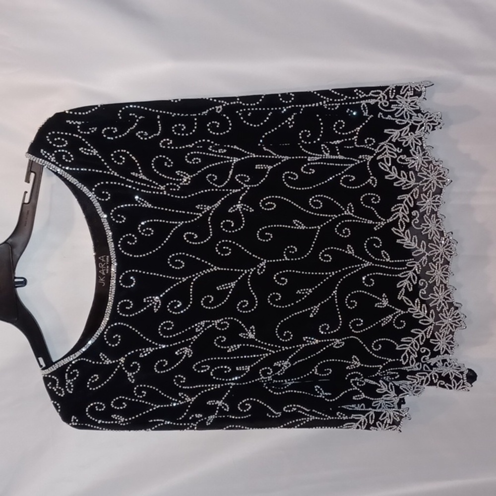 JK Ara beautiful black Beaded fancy top, assymetrical hem, sparkly,  L